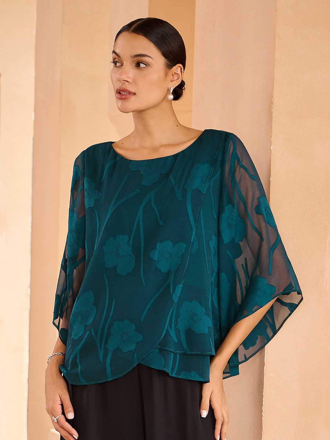 Sheer Floral Layered Chiffon Tops