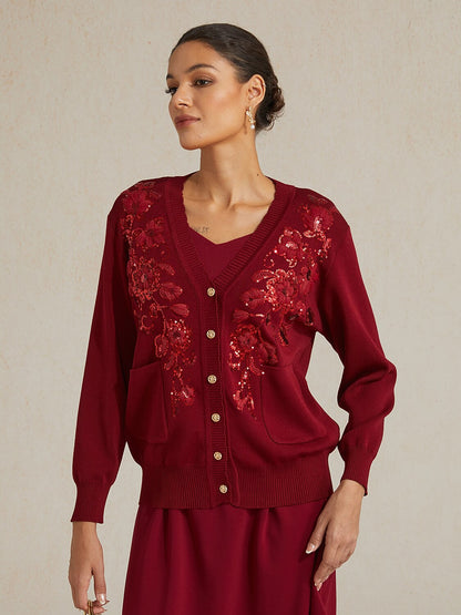 3D Rosette Sequin Knit Cardigan