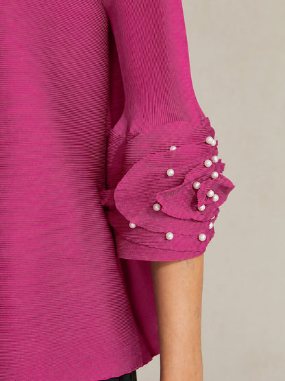 Pleated Floral Pearl Sleeve Top