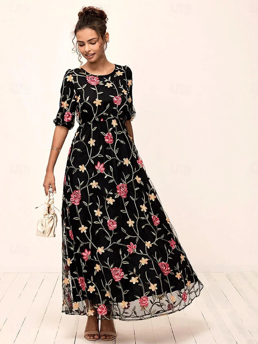 Floral Embroidered Lace Maxi Dress Black Wedding Guest A Line Elegant Puff Sleeve Vacation Daily Short Sleeve Crew Neck Summer, Black / M Floral Embroidered Lace Maxi Dress Black Wedding Guest A Line Elegant Puff Sleeve Vacation Daily Short Sleeve Crew Neck Summer, Black / M