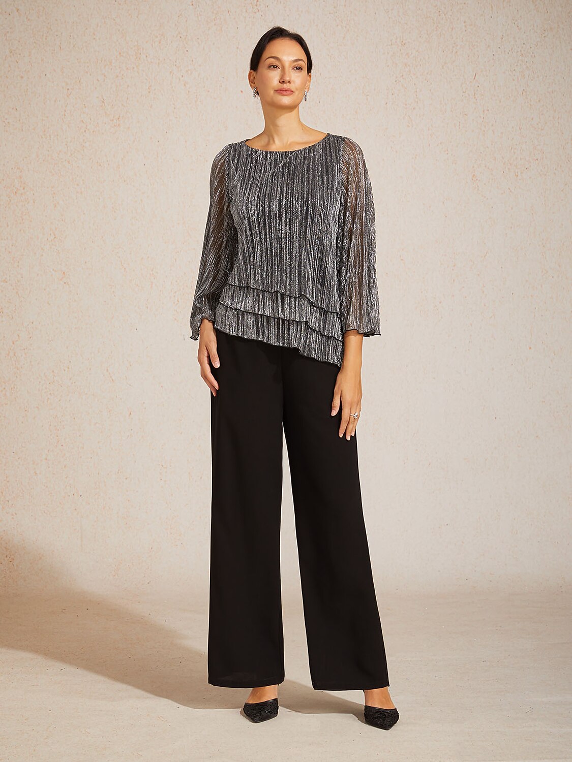 Pantalon large taille mi-haute à taille élastique avec poches