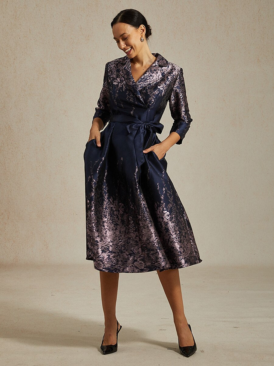 Floral Jacquard Shirt Dress with Belt and Side Pockets