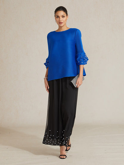 Pleated Floral Pearl Sleeve Top