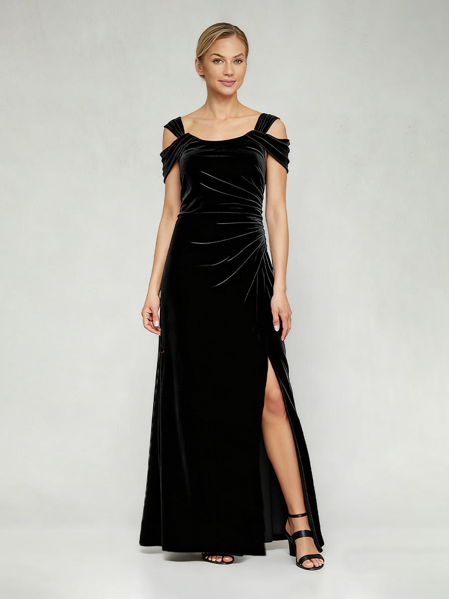 Cold Shoulder Stretch Velvet Dress with Front Slit