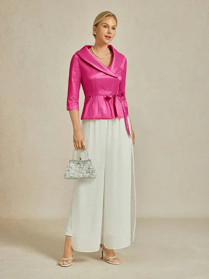 3/4 ermet stretch taftbluse med knytebelte i midjen