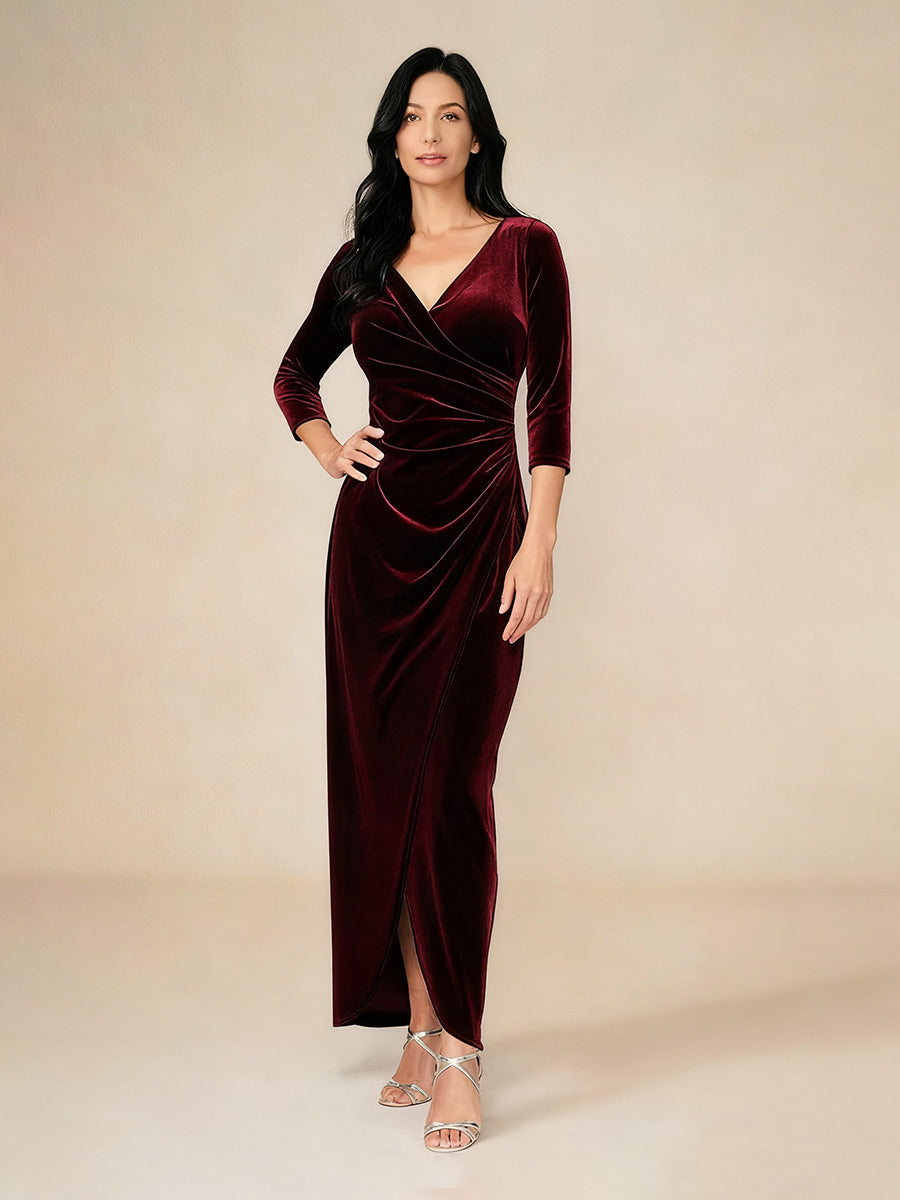 Long Stretch Velvet Evening Dress with 3/4 Sleeves