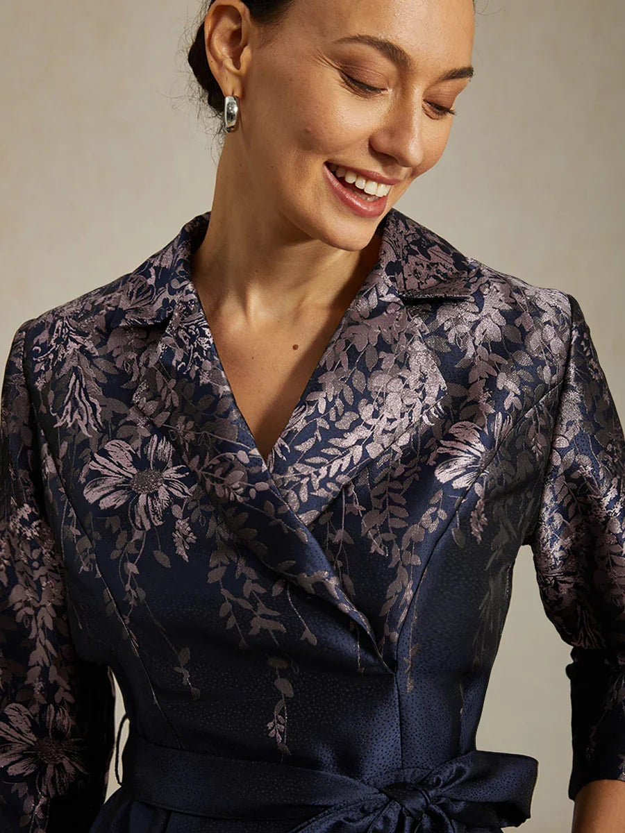 Floral Jacquard Shirt Dress with Belt and Side Pockets