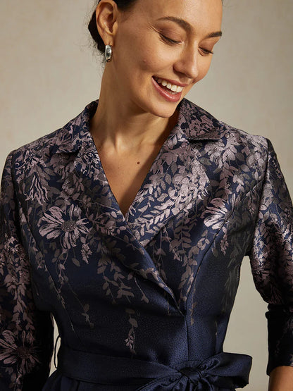 Floral Jacquard Shirt Dress with Belt and Side Pockets