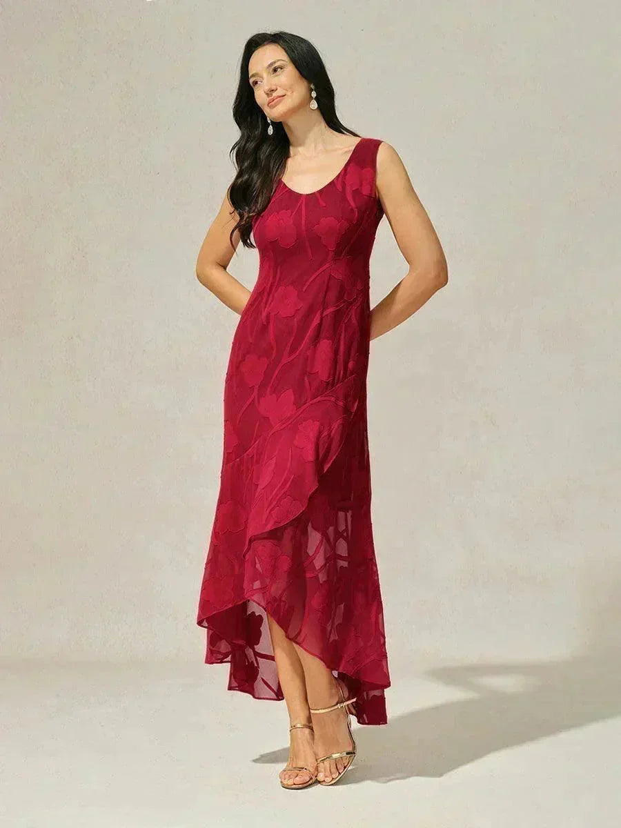 Floral Chiffon Sleeveless Evening Gown with Asymmetrical Hem