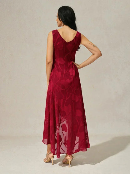 Navy Floral Chiffon Evening Gown with Asymmetrical Hem