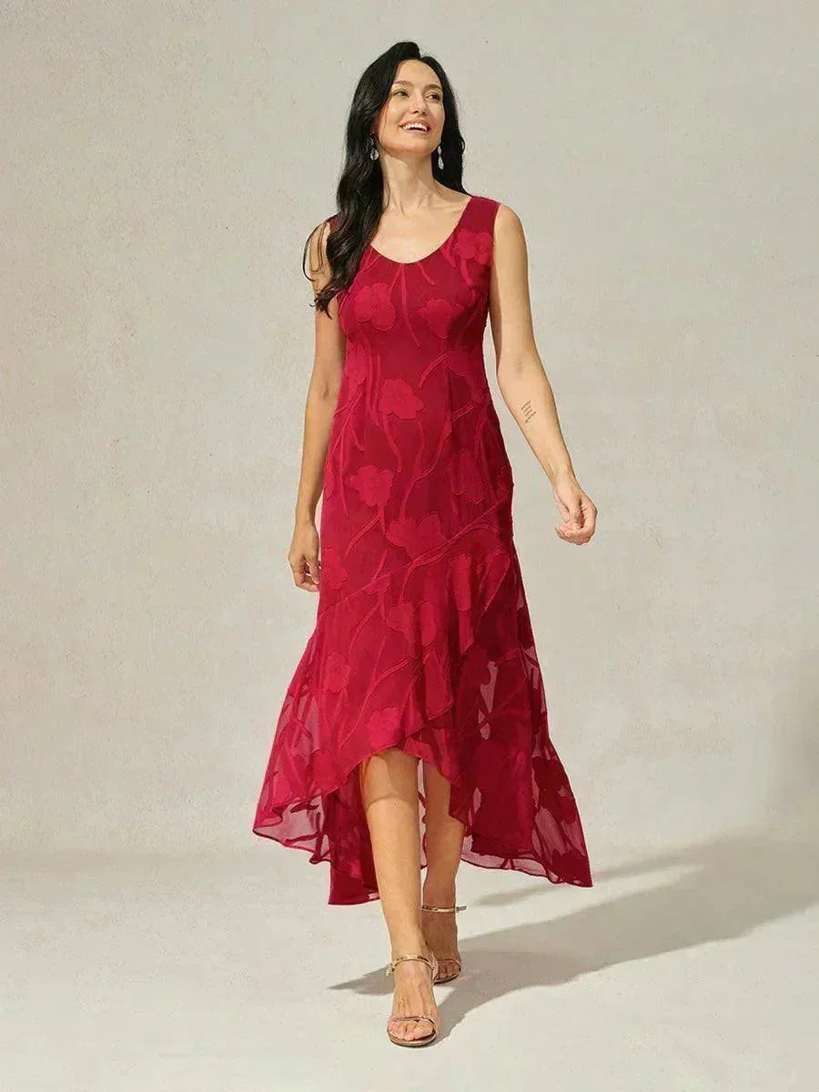 Ärmelloses Abendkleid aus Chiffon mit Blumenmuster und asymmetrischem Saum