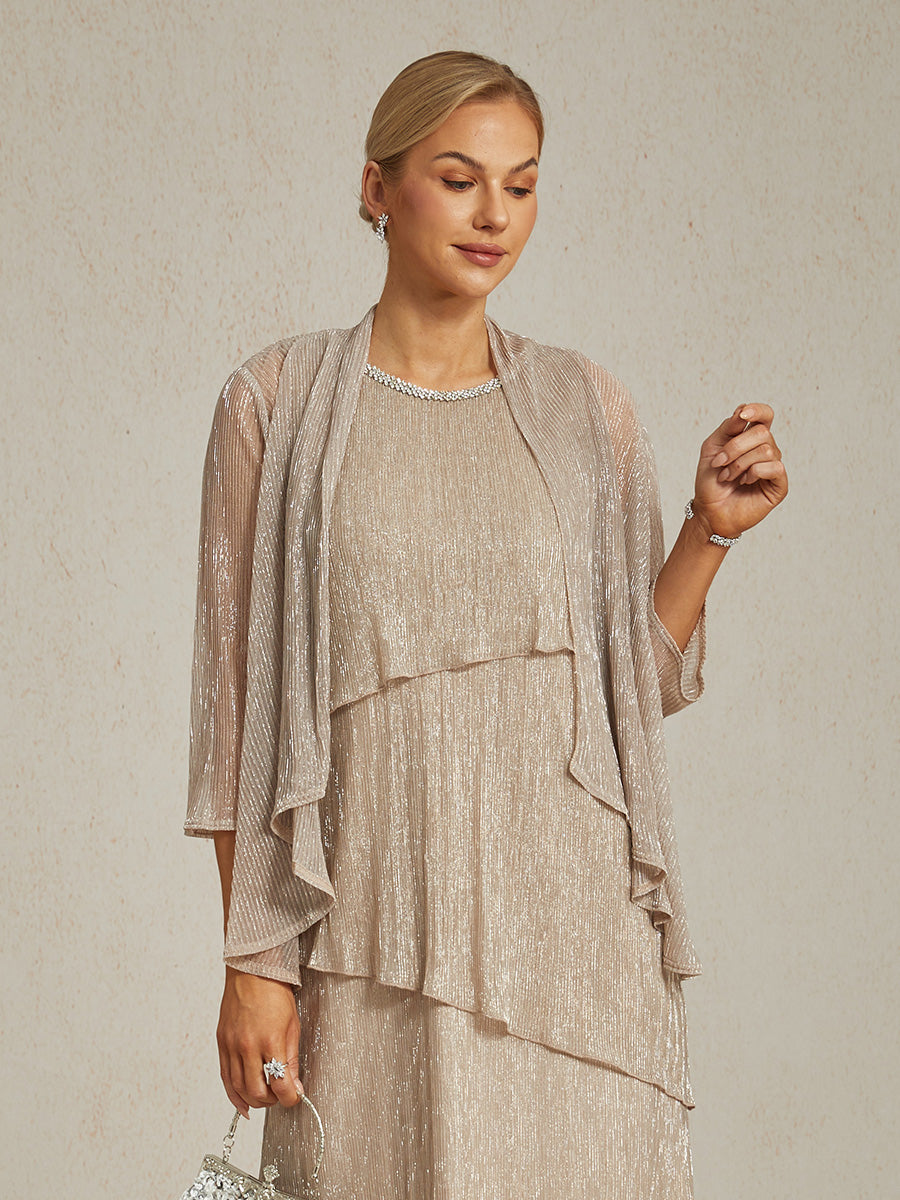 Metallic Pleated Chiffon Long Jacket with Layered Design