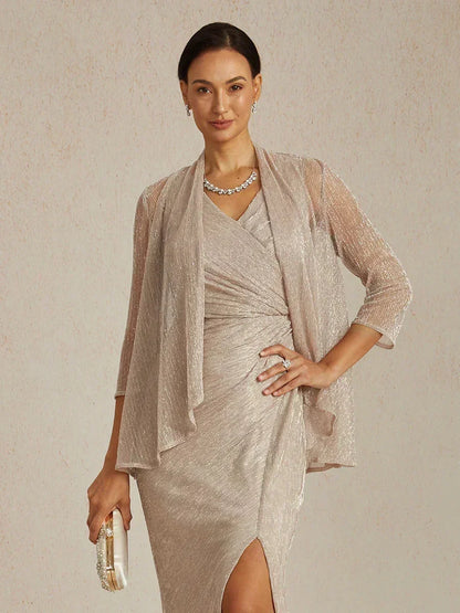 Metallic Pleated Chiffon Long Jacket with Layered Design