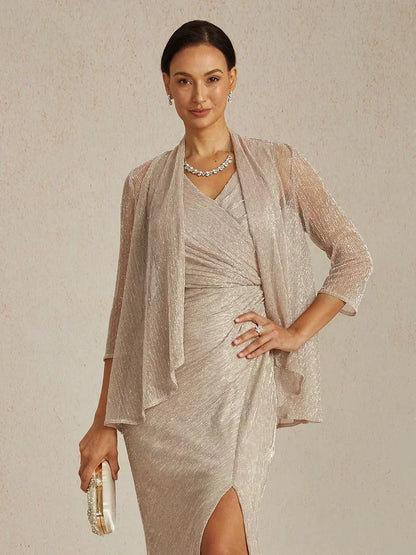 Metallic Pleated Chiffon Long Jacket Dress