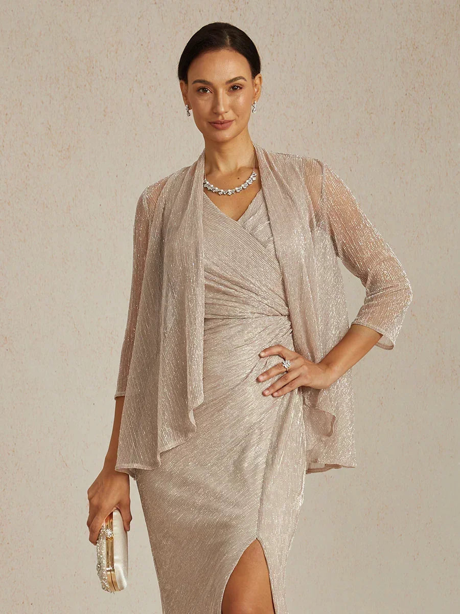 Metallic Pleated Chiffon Long Jacket with Layered Design