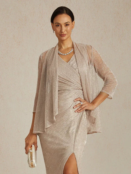 Metallic Pleated Chiffon Long Jacket with Layered Design