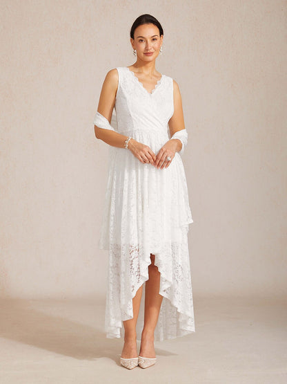 Scalloped V Neck Lace Evening Dress with Matching Shawl