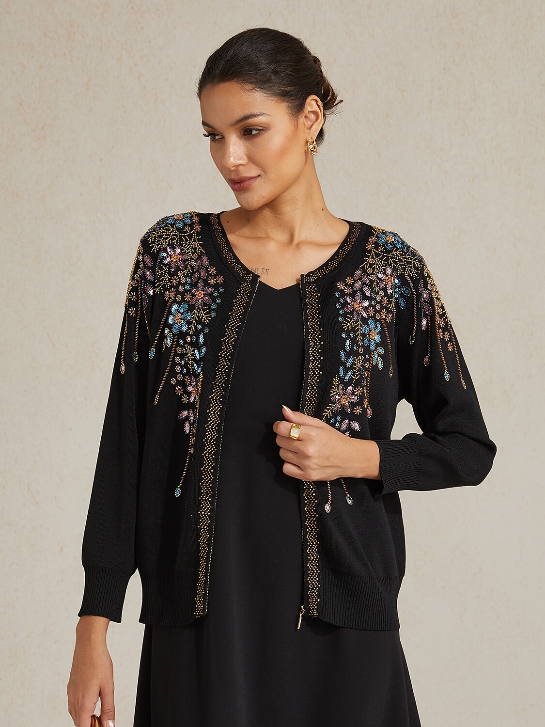 Ethnic Floral Rhinestone Knit Jacket