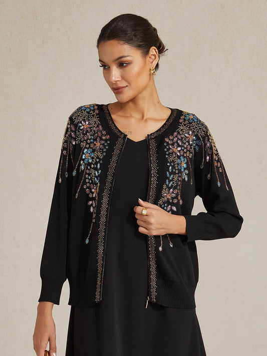 Ethnic Floral Rhinestone Knit Jacket