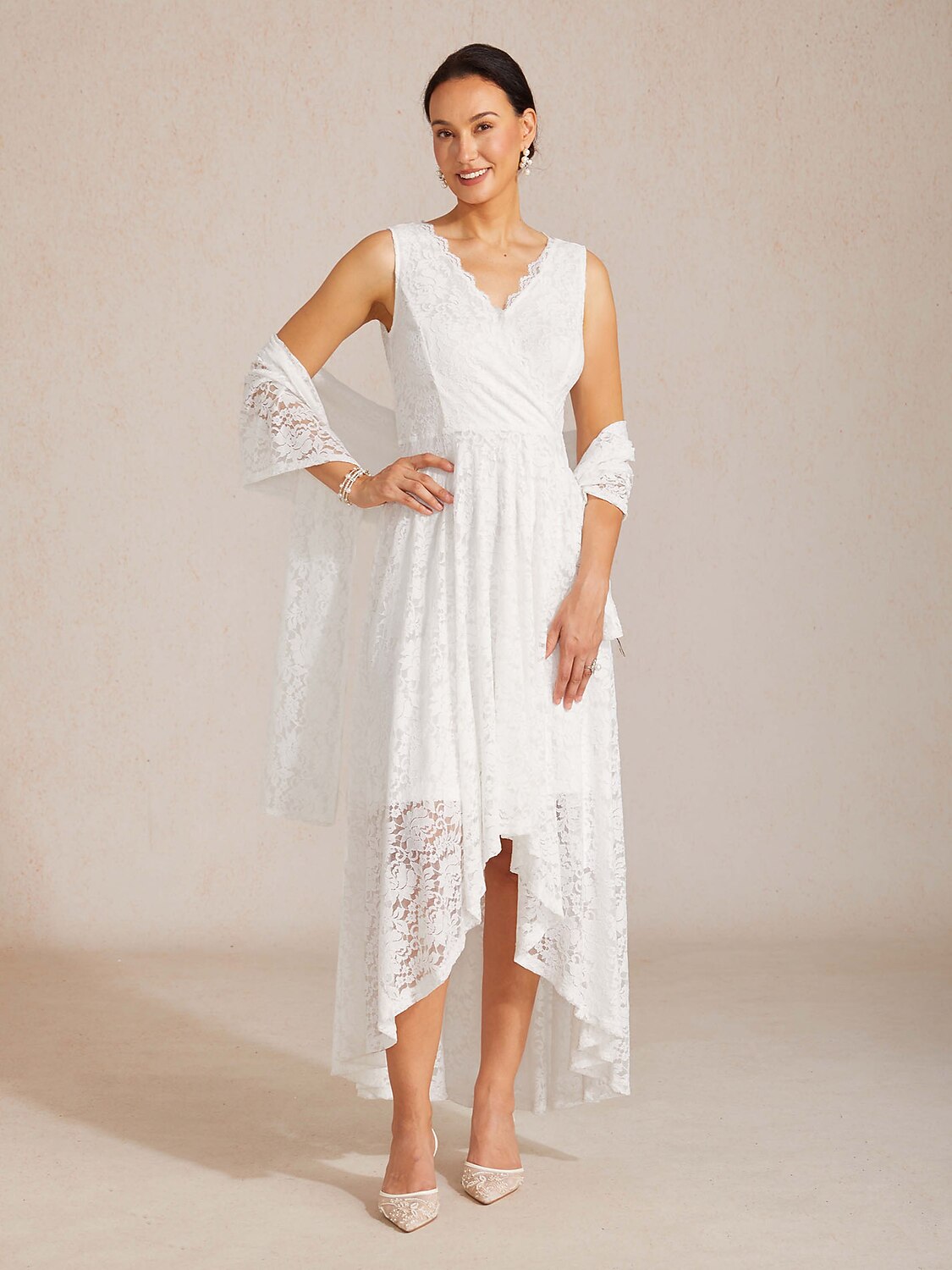 Scalloped V Neck Lace Evening Dress with Matching Shawl
