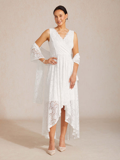 Scalloped V Neck Lace Evening Dress with Matching Shawl