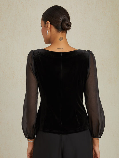 Velvet Chiffon Patchwork Blouse