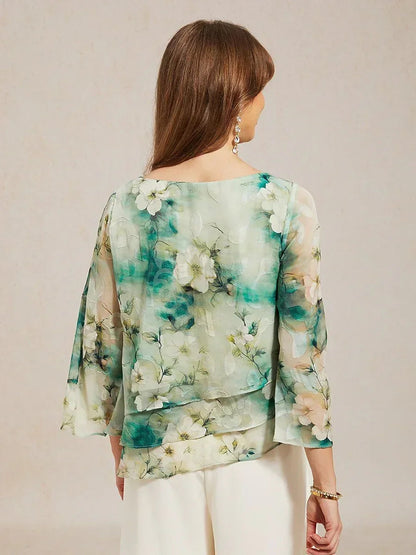 Blouse en Chiffon à Volants Superposés avec Imprimé Floral