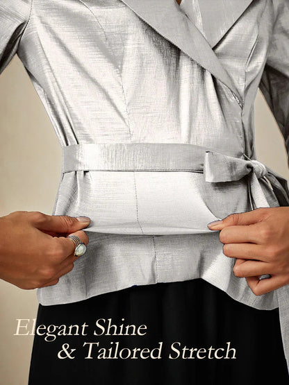 Blusa in taffetà elasticizzato con maniche 3/4 e dettaglio cintura annodata