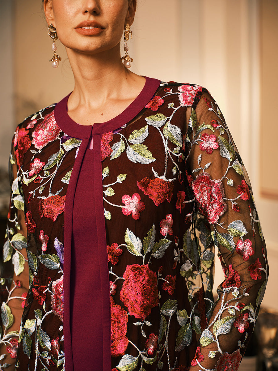 Mesh Lace Embroidered Floral Dress Set