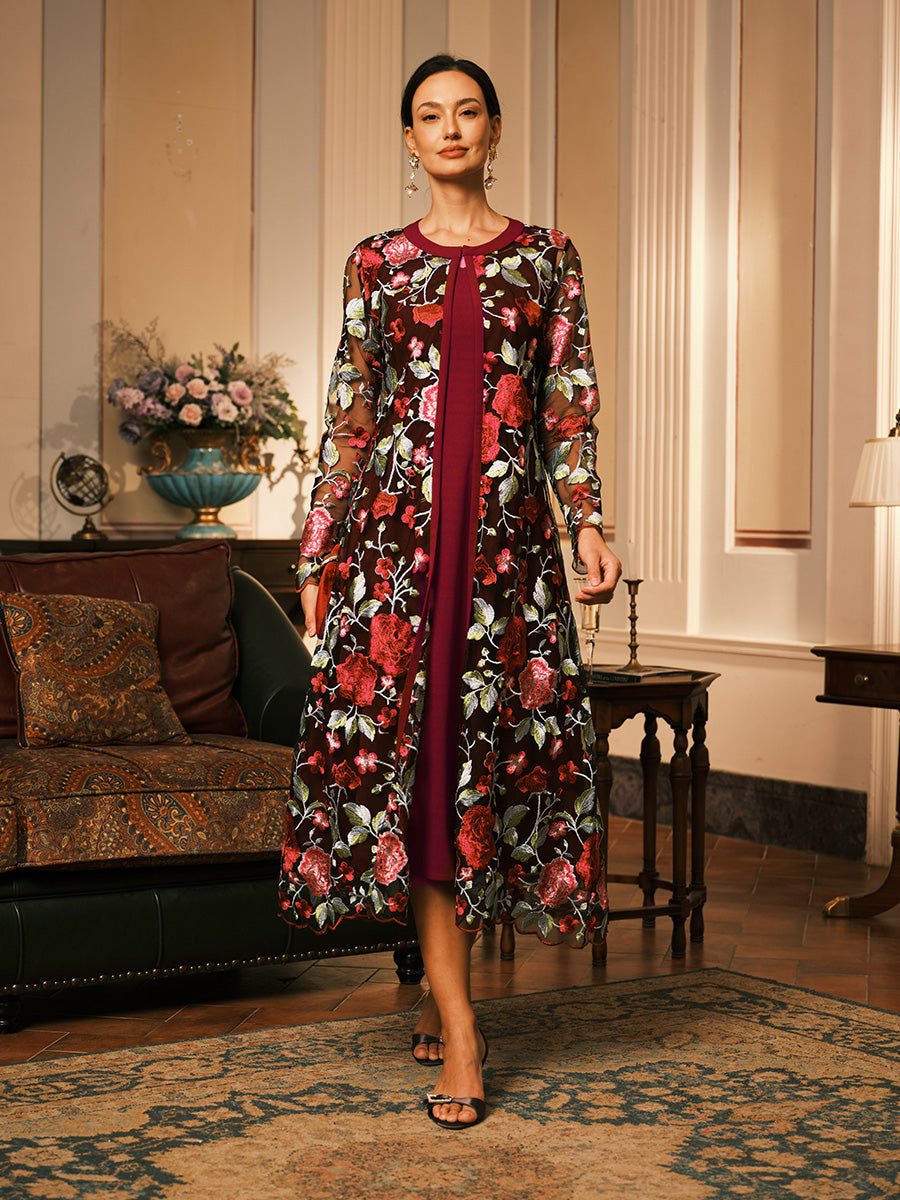 Mesh Lace Embroidered Floral Dress Set