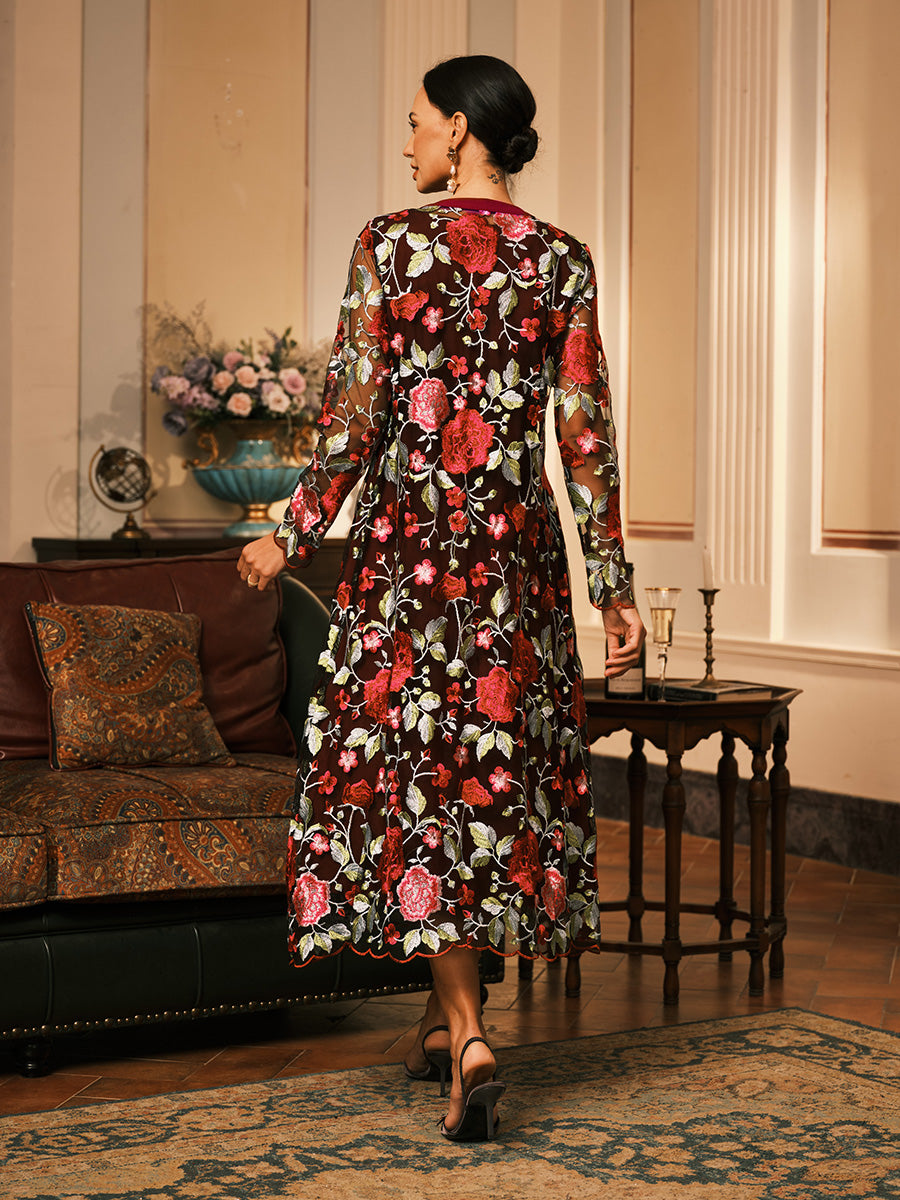 Mesh Lace Embroidered Floral Dress Set
