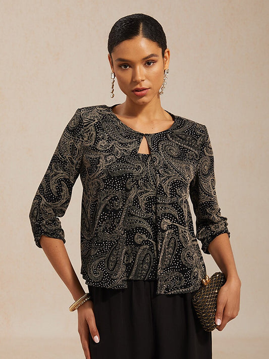 Paisley Knit Top with Subtle Sequin Detail
