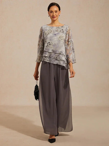 Chiffon Pants and Floral Layered Blouse Pant Suits