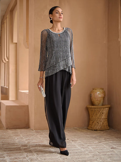 Layerd Pleated Glitter Chiffon Blouse