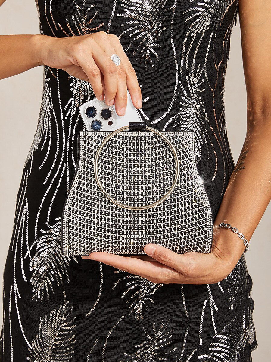 Pochette En Cristal À Poignée Anneau Doré C Sac Élégant