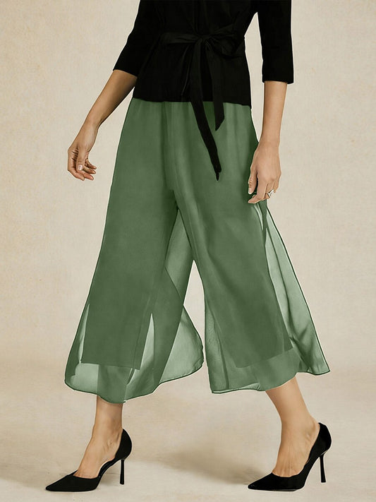 Cropped Length Straight Leg Pant With Chiffon Split Leg Overlay