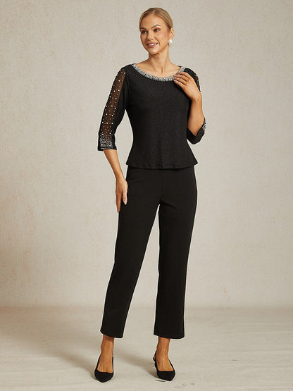 Beaded 3/4 Sleeve Metallic Knit Blouse