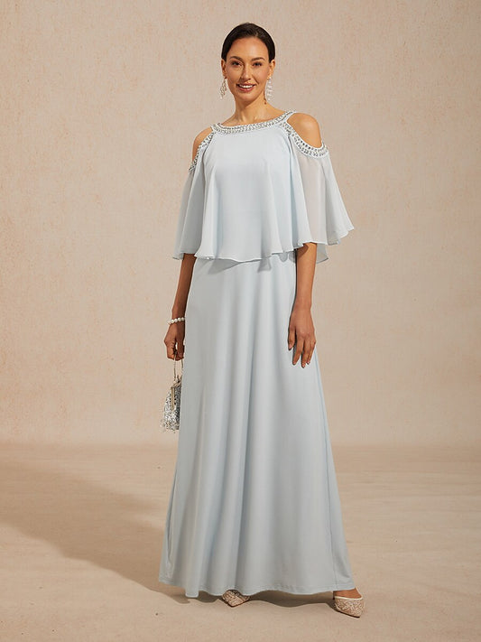 Cold Shoulder A-Line Chiffon Gown with Rhinestone