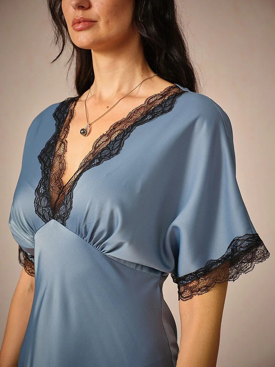 Satin Lace Trim V-Neck Dusty Blue Dress