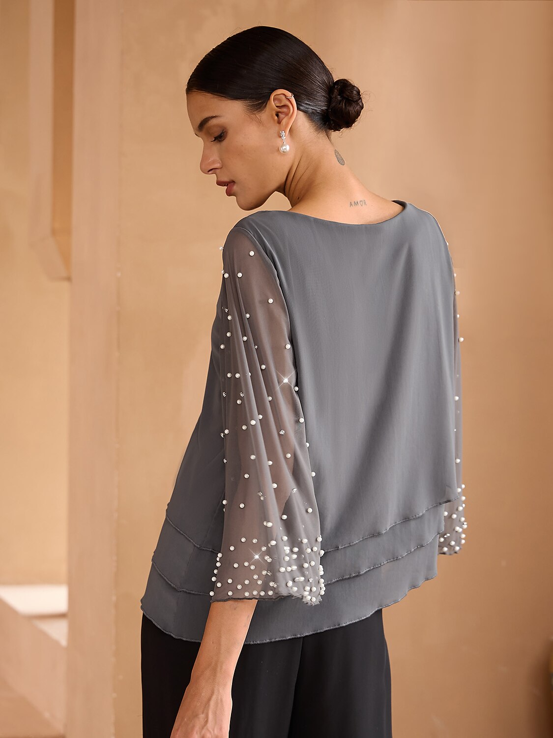 Beaded Layered Mesh Elegant Tops