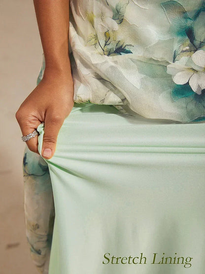 Floral Cowl Neck Tea-Length Dress with Flounce Hem