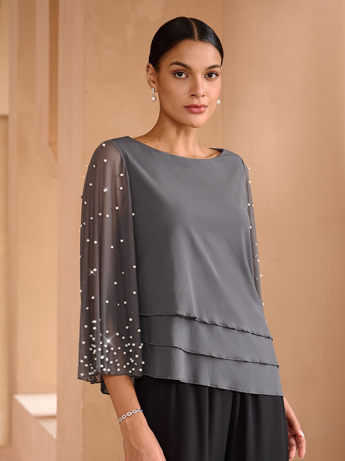 Beaded Layered Mesh Elegant Tops
