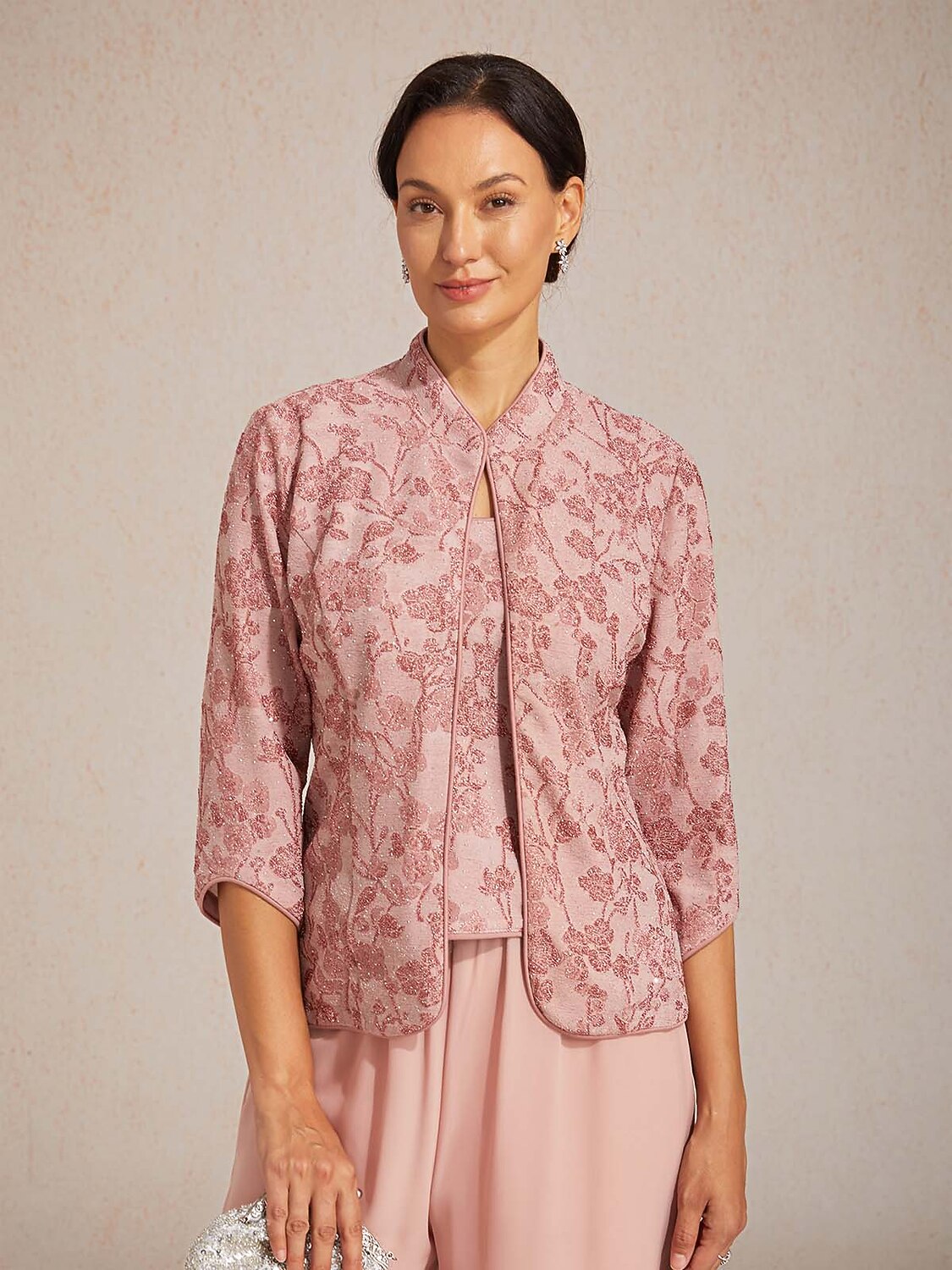 Floral Knit Jacquard Mandarin Collar Twinset