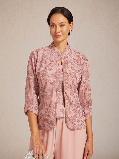 Floral Knit Jacquard Mandarin Collar Twinset