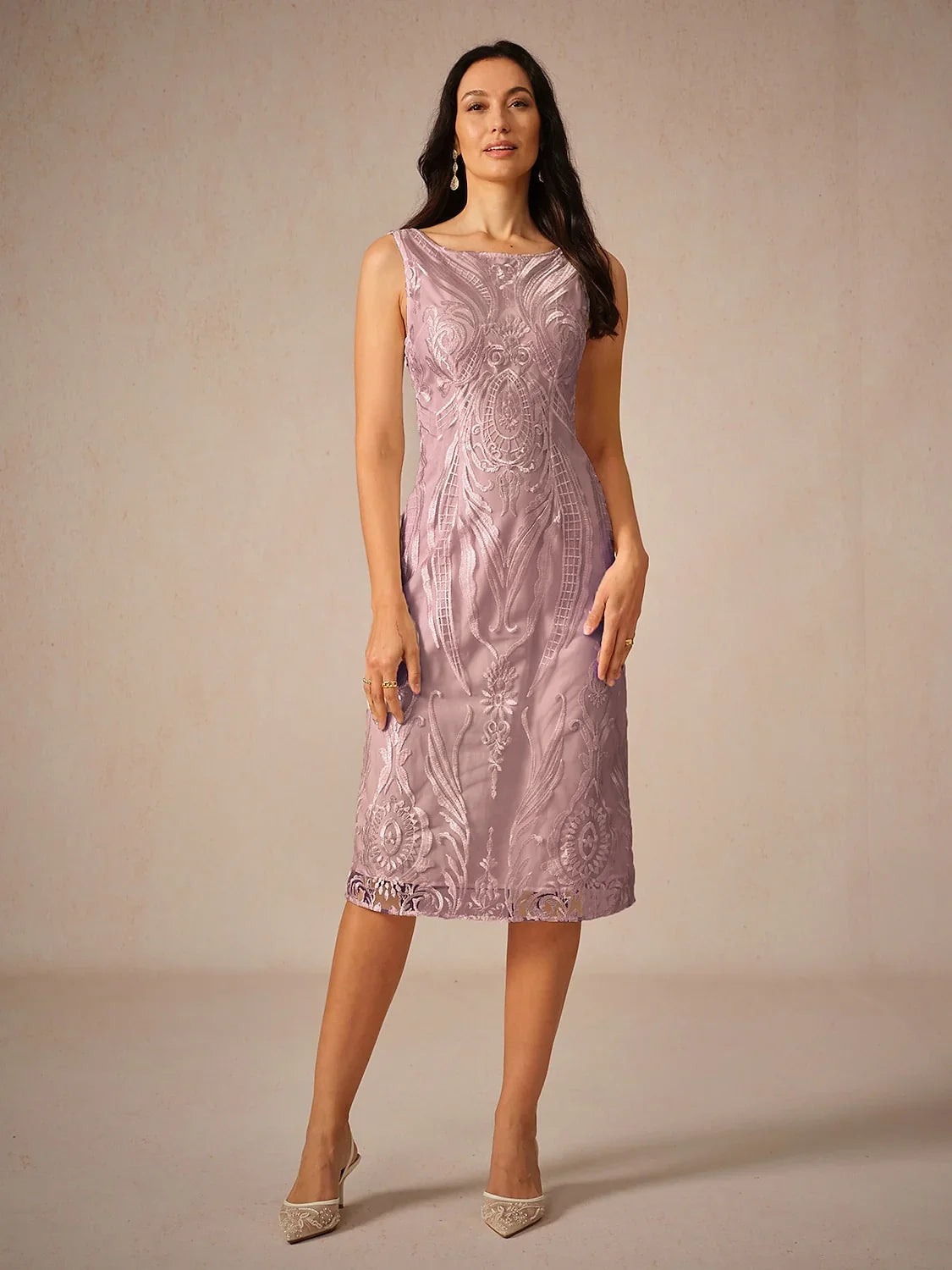 Embroidery Lace Boat Neck Sleeveless Dress