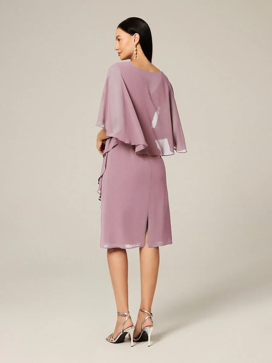 Asymmetrical Boat Neck Ruffled Chiffon Cape Dress