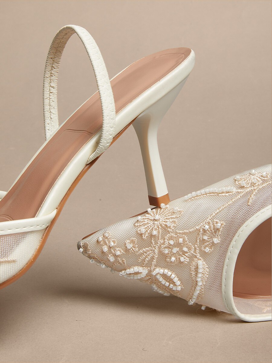 Lace Kitten Heel Pointed Toe Mesh Slip-on Shoes