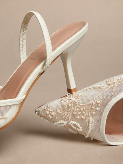 Lace Kitten Heel Pointed Toe Mesh Slip-on Shoes