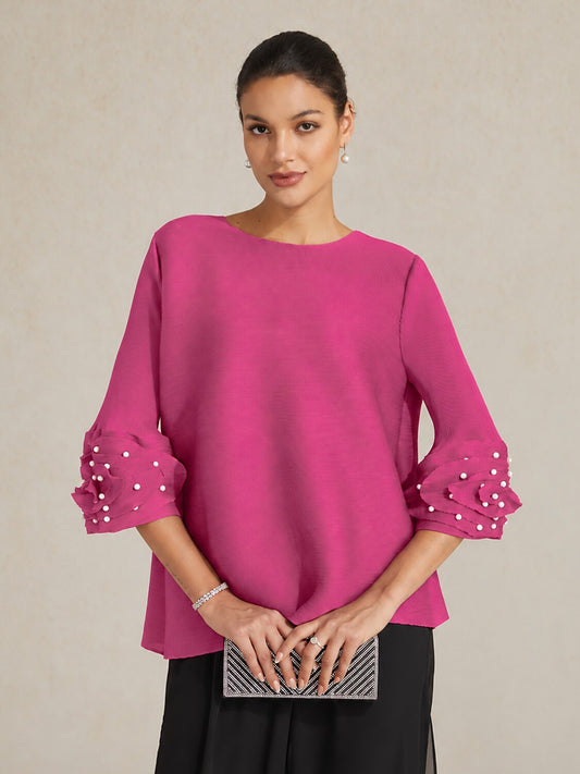 Pleated Floral Pearl Sleeve Top