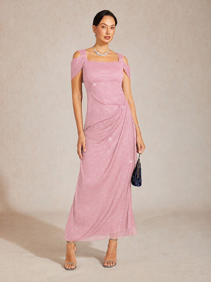 Ankle-Length Cold Shoulder Glitter Mesh Dress